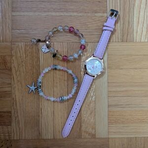Pink Hello Kitty Leather Strap Watch and Beaded Bracelet Set
